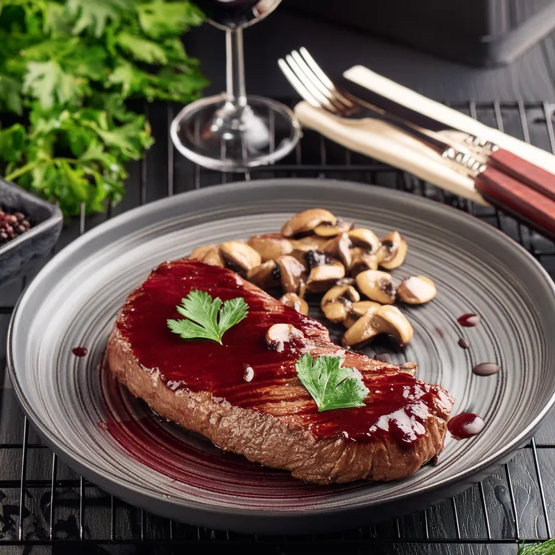 Flat-Iron Steak with Mushroom & Red Wine Sauce in a Cast Iron Skillet image